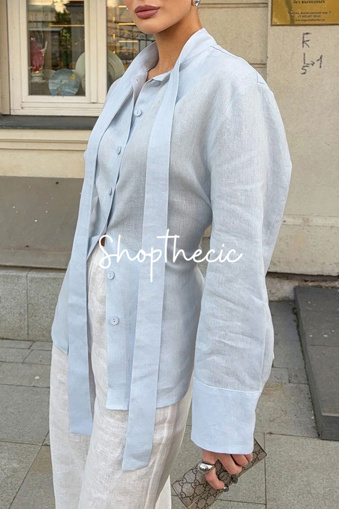 Tie-waist cotton linen blouse with ribbon