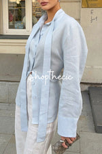 Tie-waist cotton linen blouse with ribbon
