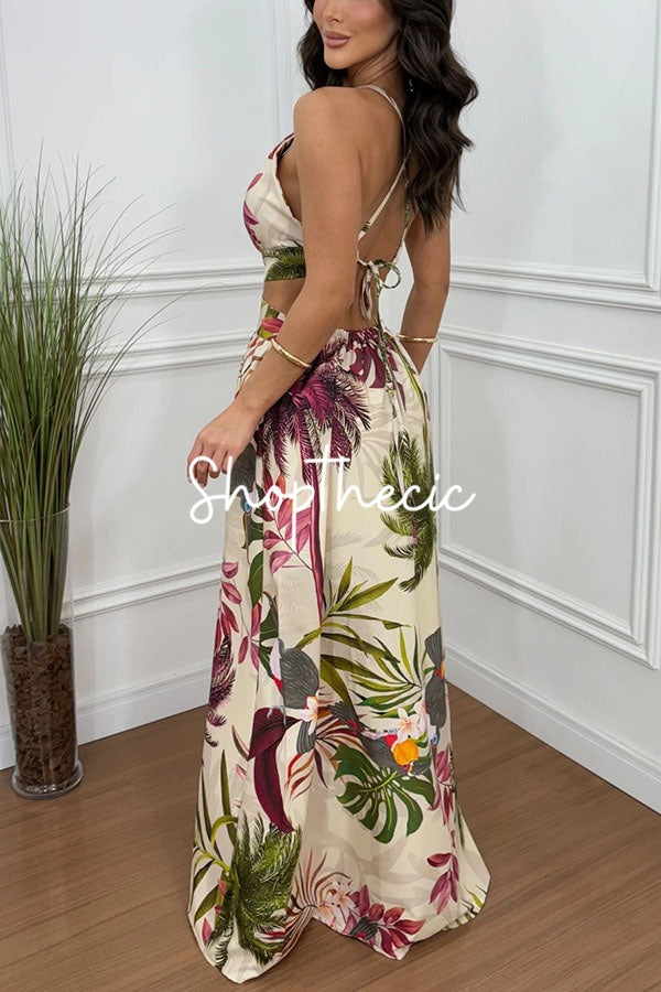 Deep V-neck halter floral backless dress