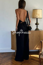 V-neck backless vest and wide-leg pants two-piece set