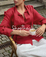 Tie-waist cotton linen blouse with ribbon