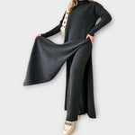 High-neck side-slit over-the-knee knit sweater and trousers Two-piece suit
