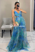 Mesh Printed Spaghetti Strap Vacation Maxi Dress