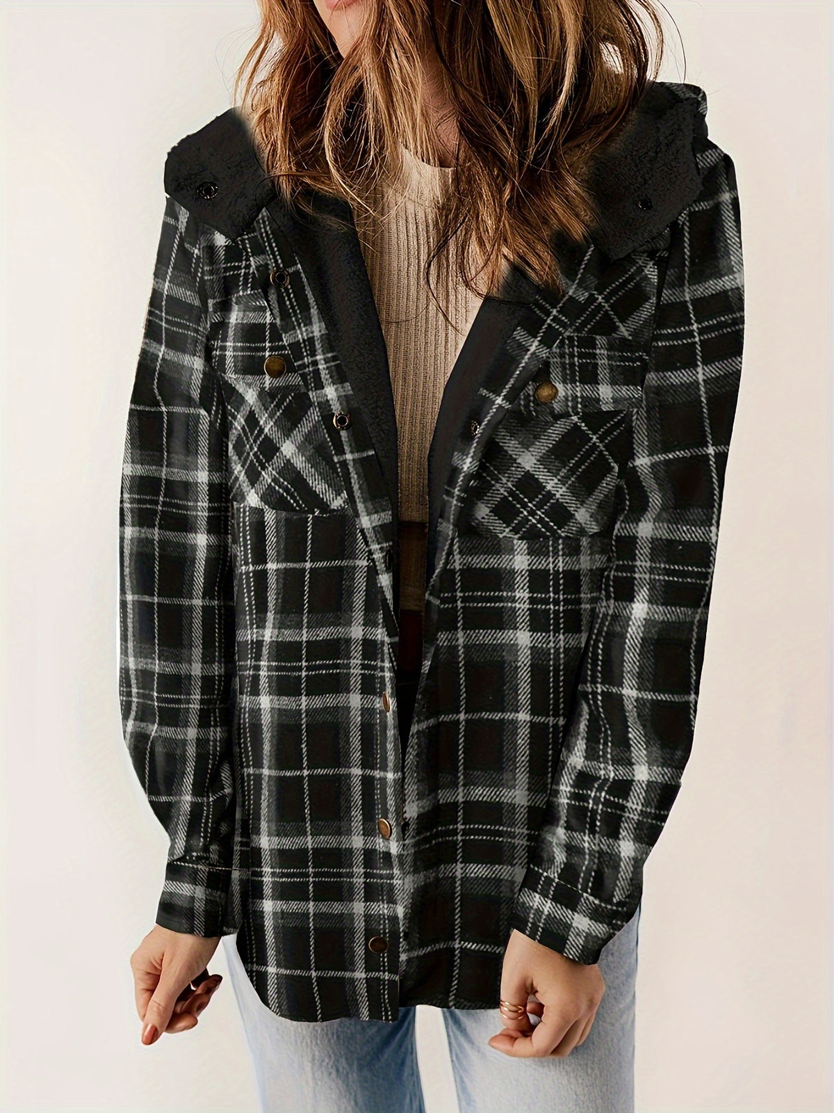 Kapuzenjacke mit kariertem Muster und Samtfutter