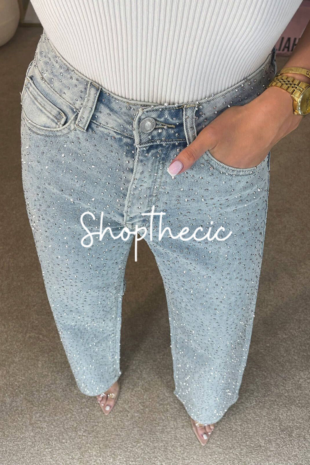 Fully rhinestone washed high-waisted straight leg jeans