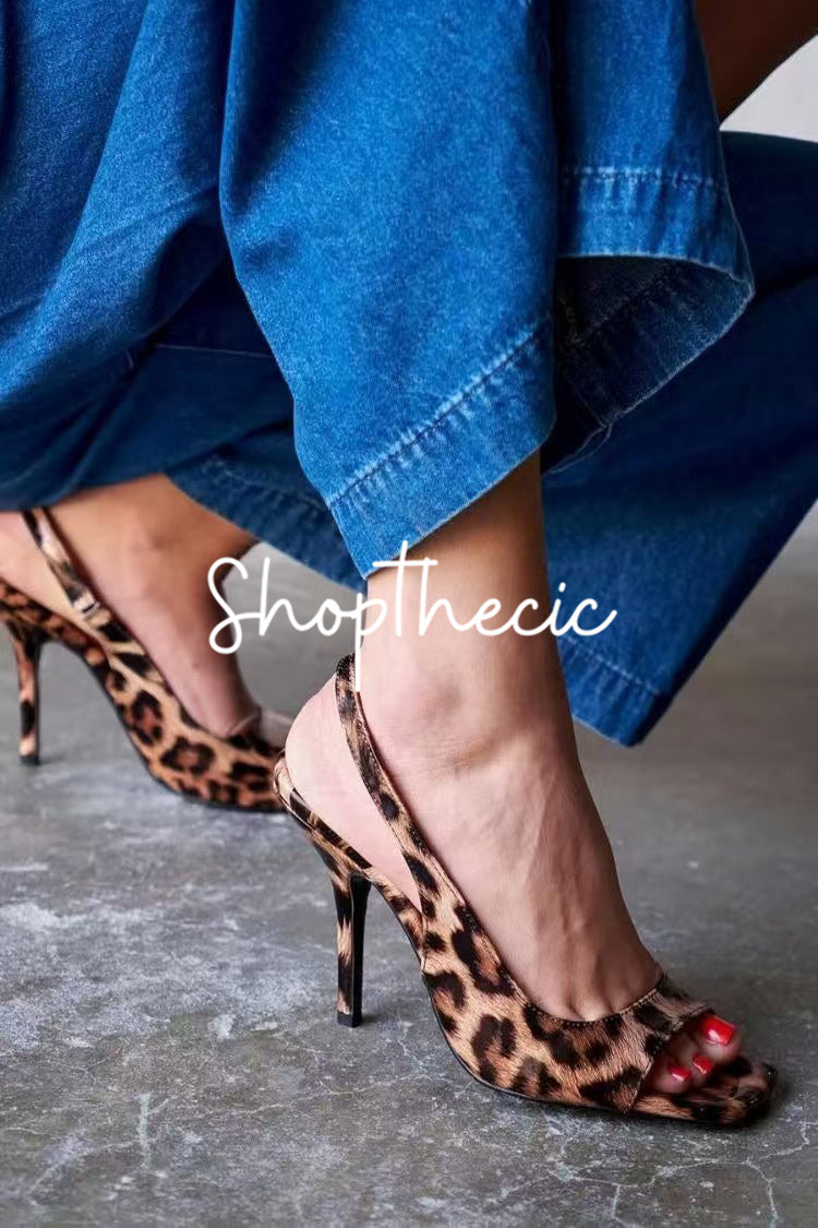 Leopard Open Square Toe Sling Back Heels