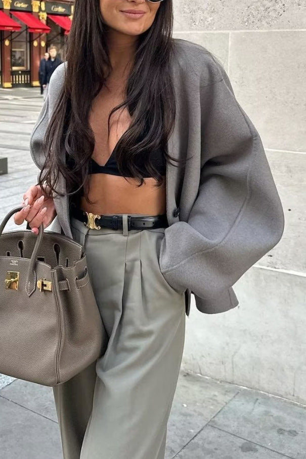 V-neck loose-fitting woolen kimono style top