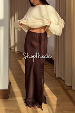 Coffee-colored satin side-slit lace-trimmed fishtail midi skirt
