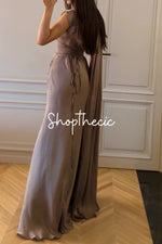 Grayish-purple pleated ribbon satin evening gown