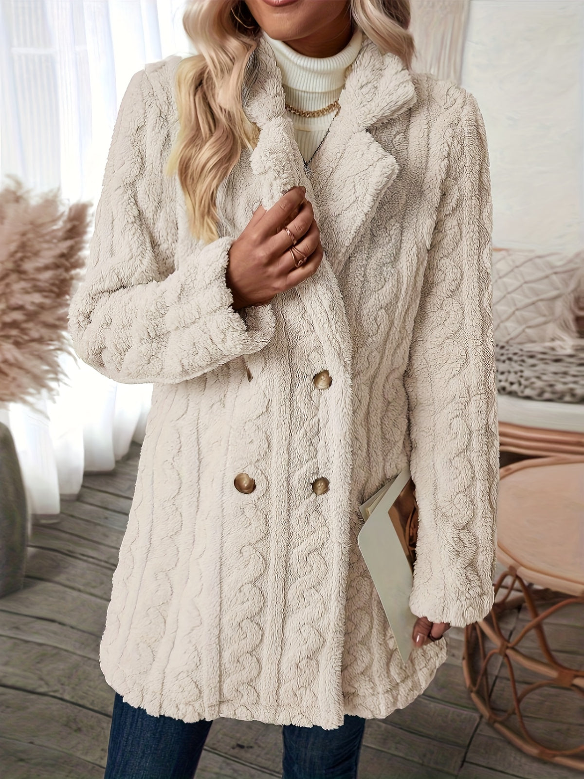 Double Breasted Lapel Versatile Textured Thermal Teddy Coat