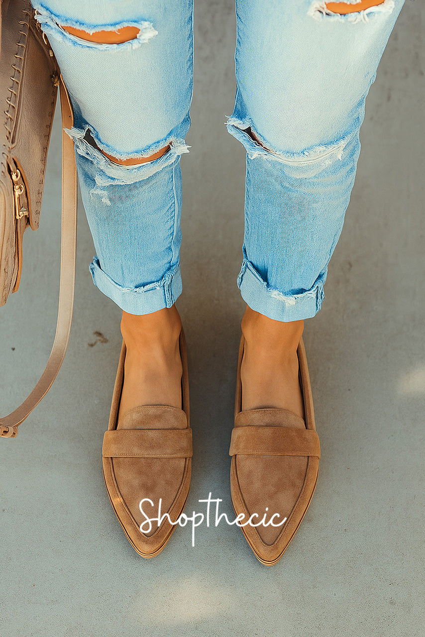 Preppy low-heeled pointed-toe suede shoes