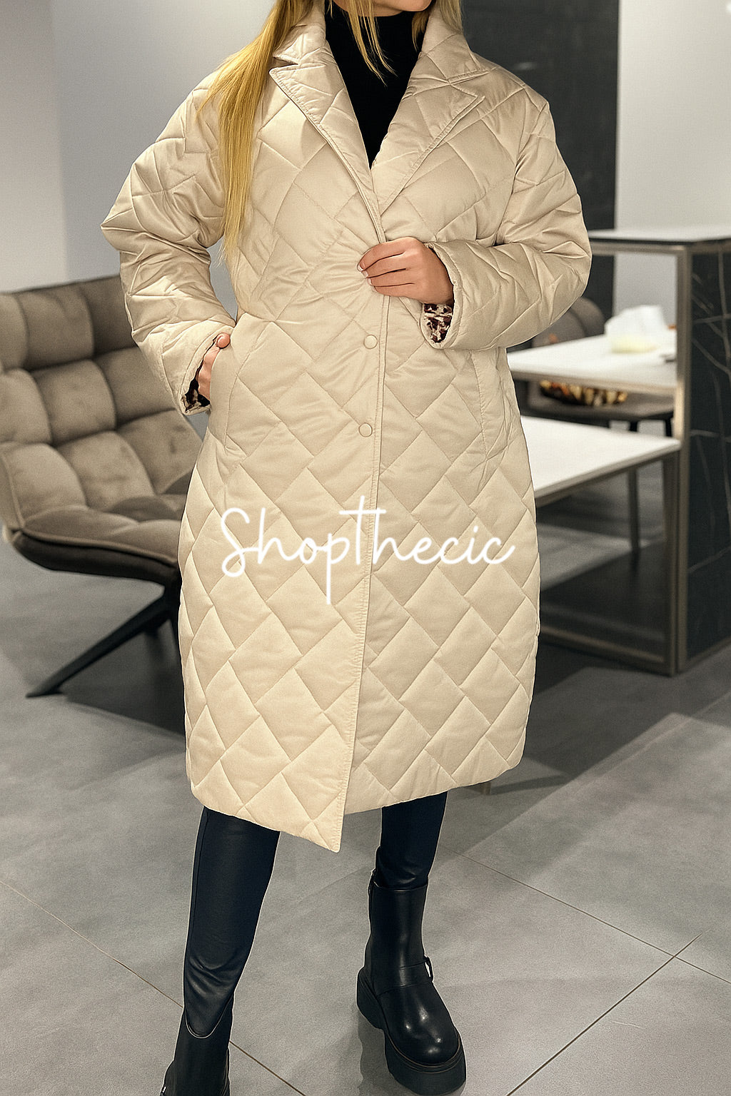 Leopard print lining diamond quilting long cotton coat