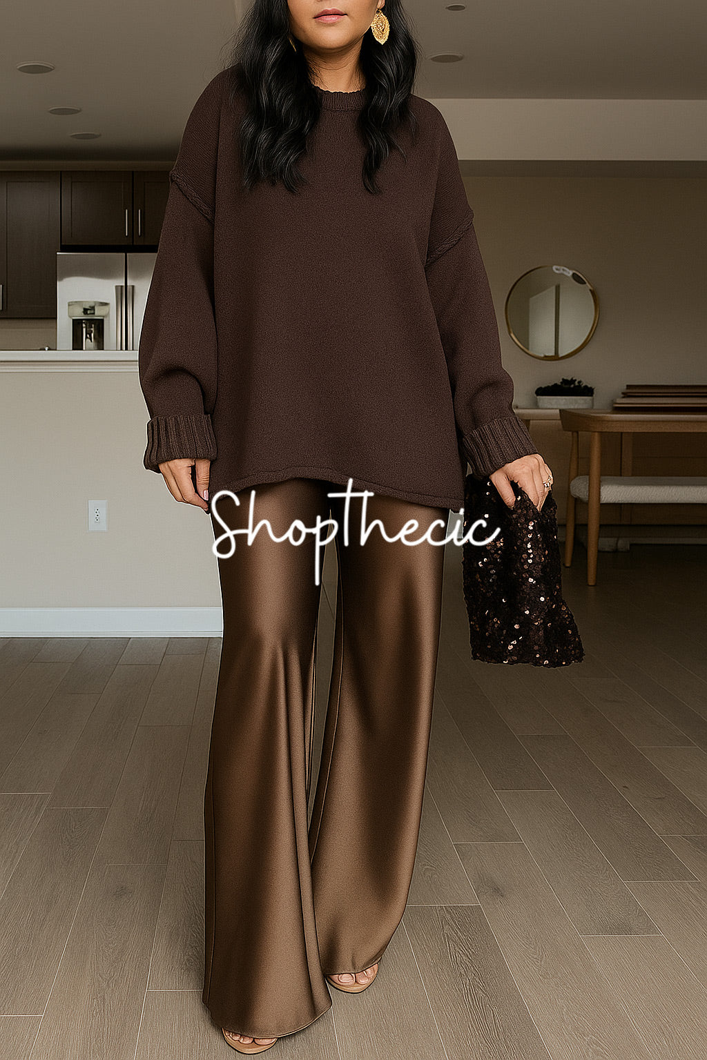 Solid color loose pullover sweater and satin trousers two-piece set