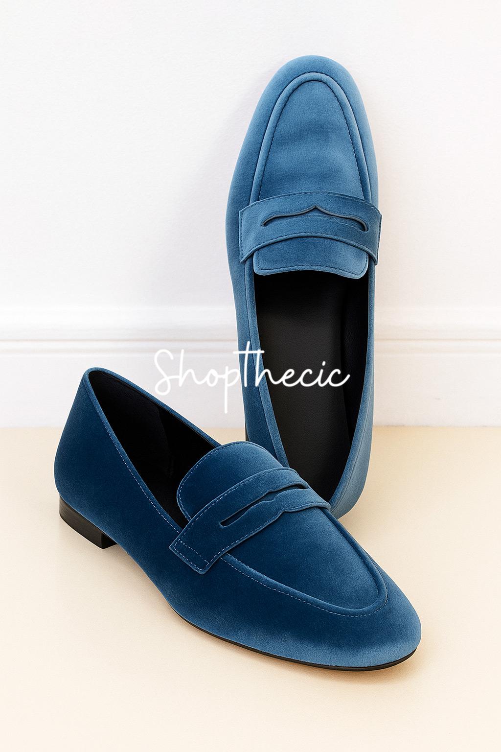 Mocassins plats rétro en daim bleu