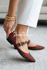 Chic red plaid pointed-toe low-heeled mules