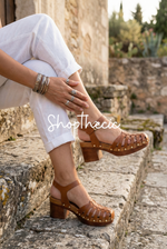 Cushioned openwork studded chunky high-heeled sandals