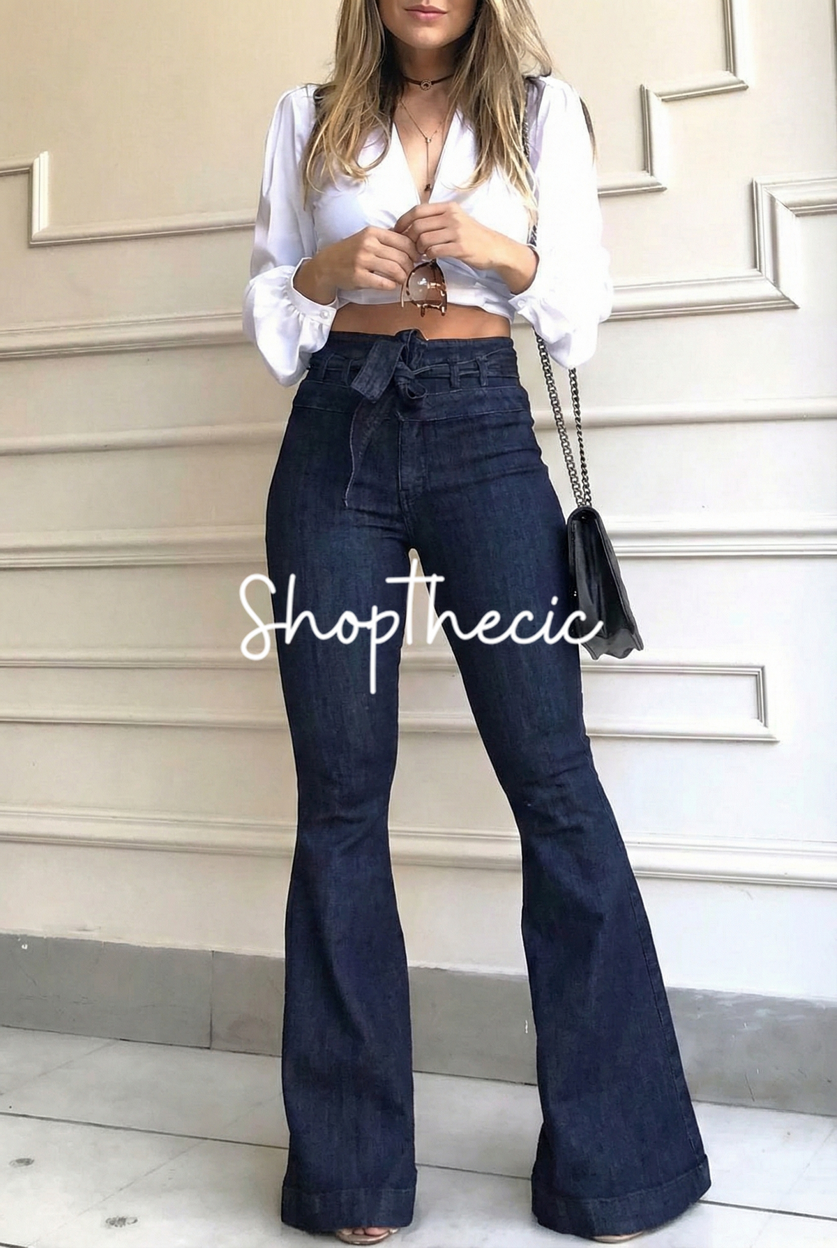 High-waisted slightly stretchy drawstring flared jeans