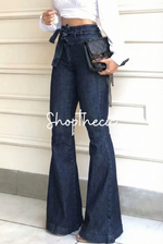 High-waisted slightly stretchy drawstring flared jeans