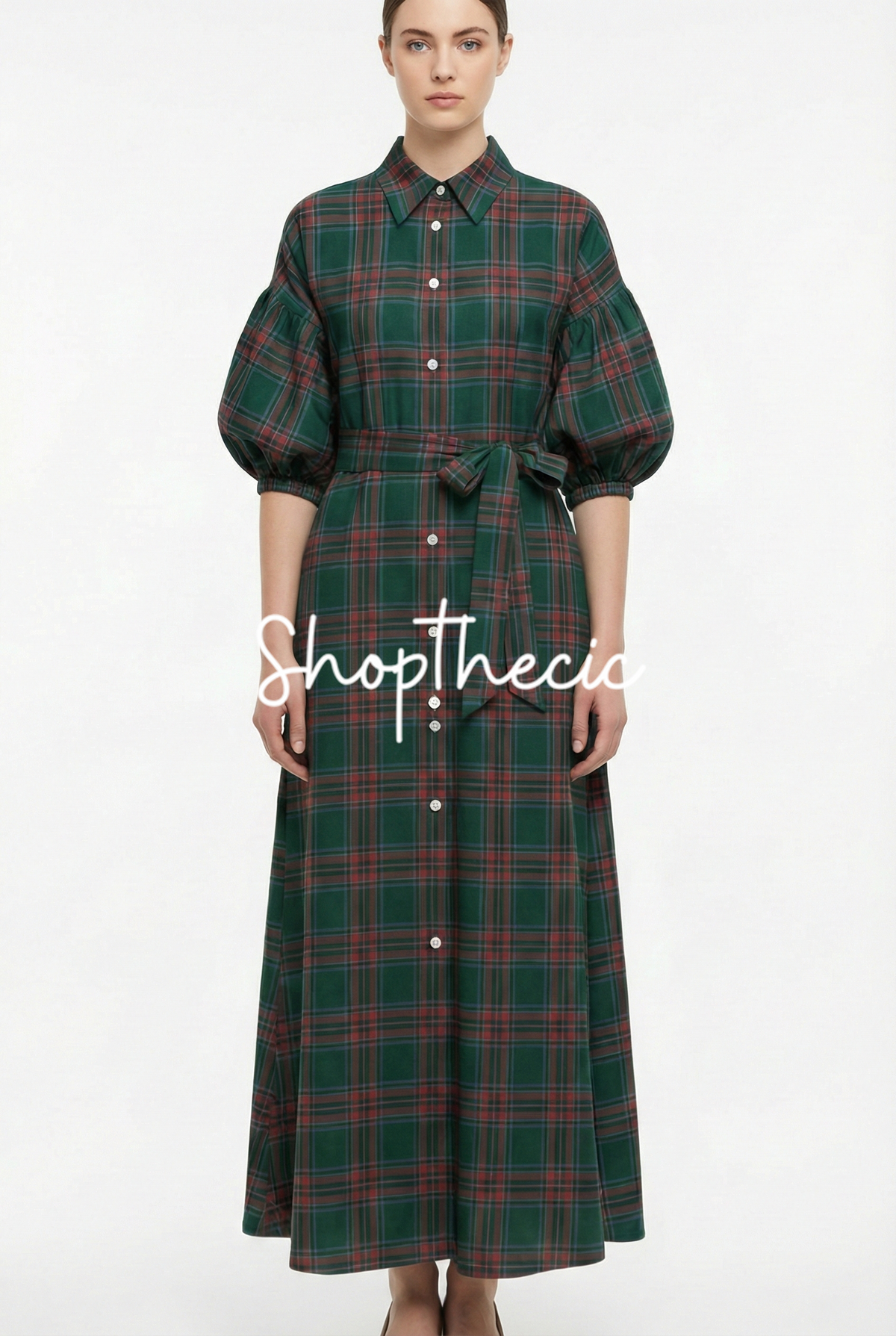 Lantern sleeve mid-length plaid shirt dress