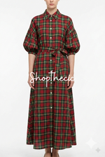 Lantern sleeve mid-length plaid shirt dress