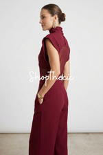 High-neck mesh sleeveless top and wide-leg pants two-piece set