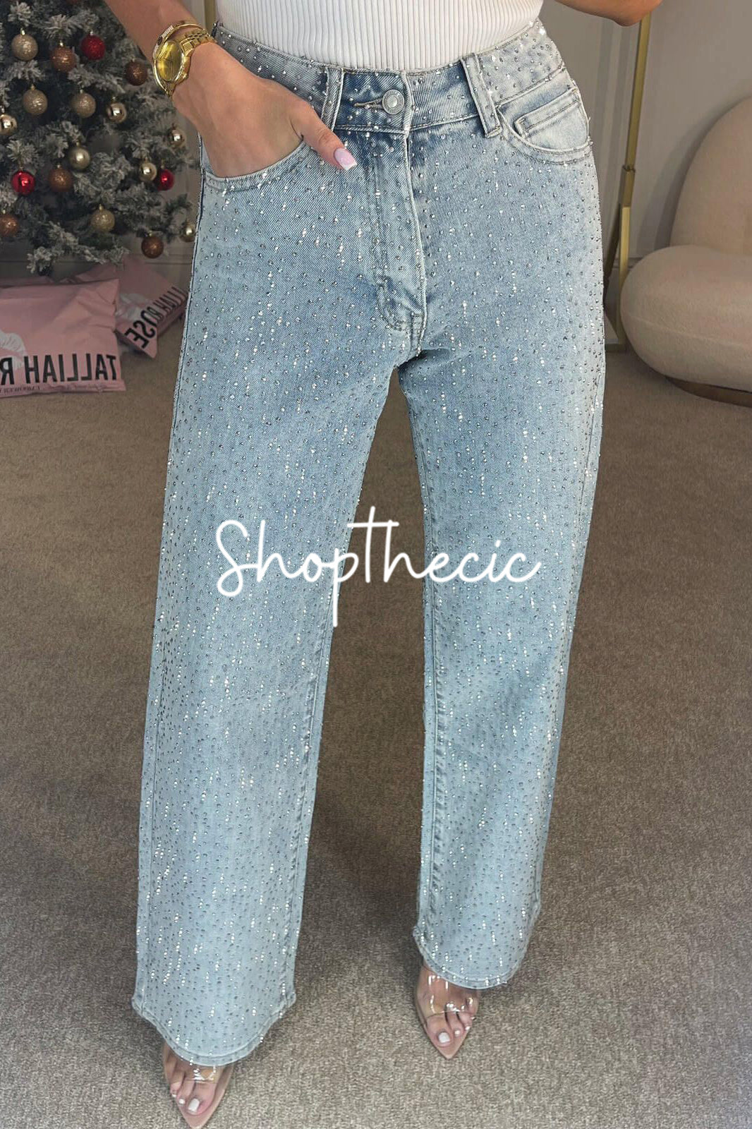 Fully rhinestone washed high-waisted straight leg jeans