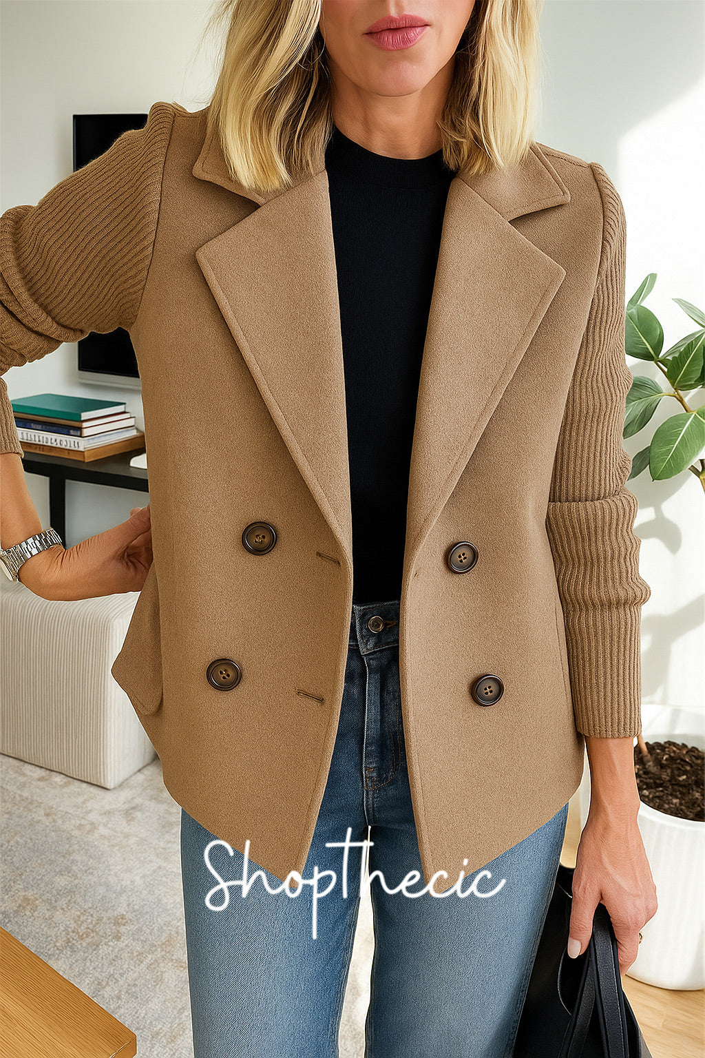 Knitted elastic sleeves patchwork woolen suit jacket
