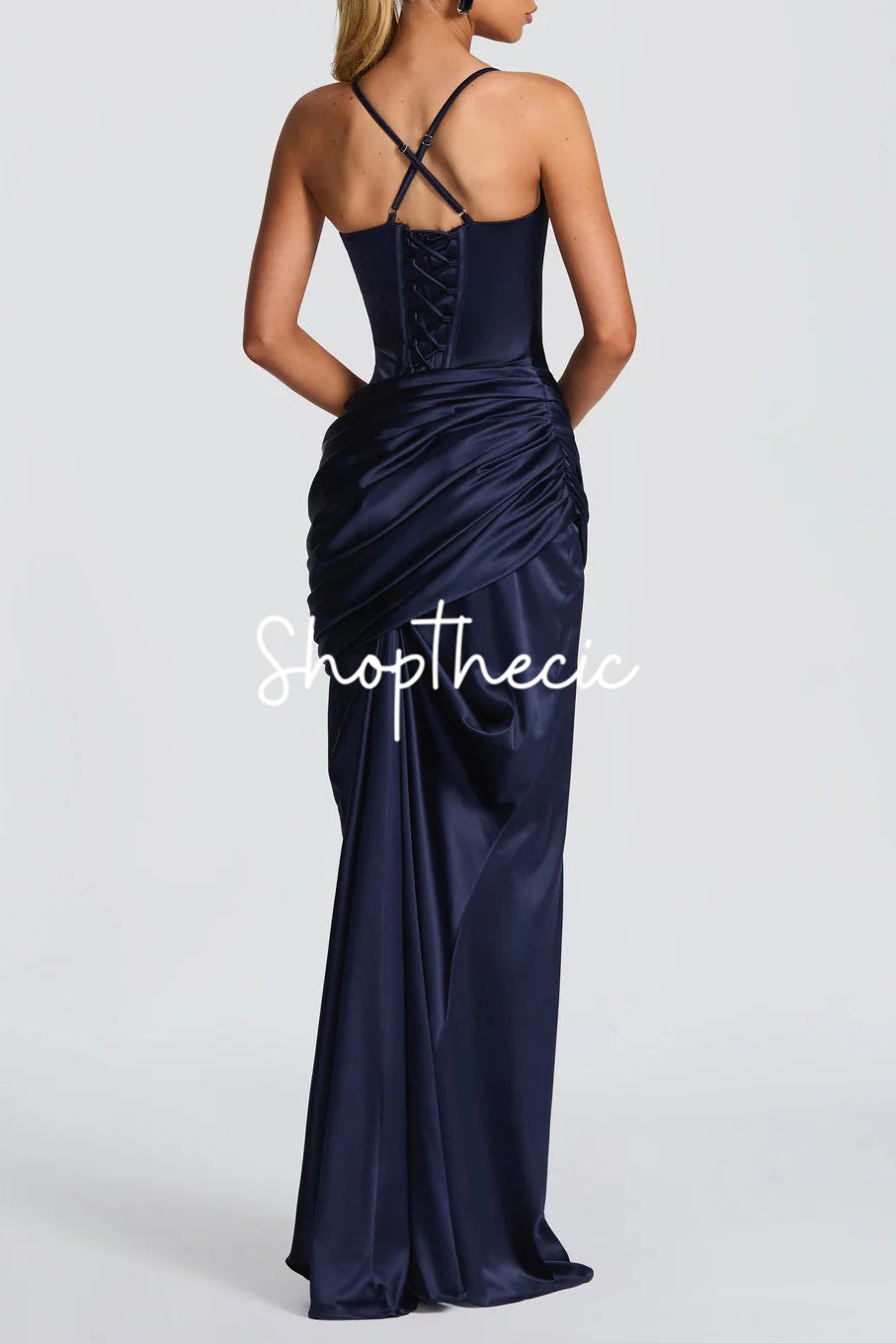 Navy spaghetti strap fitted satin dress