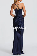 Navy spaghetti strap fitted satin dress