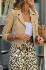 Suede motorcycle jacket and printed pleated skirt two-piece set