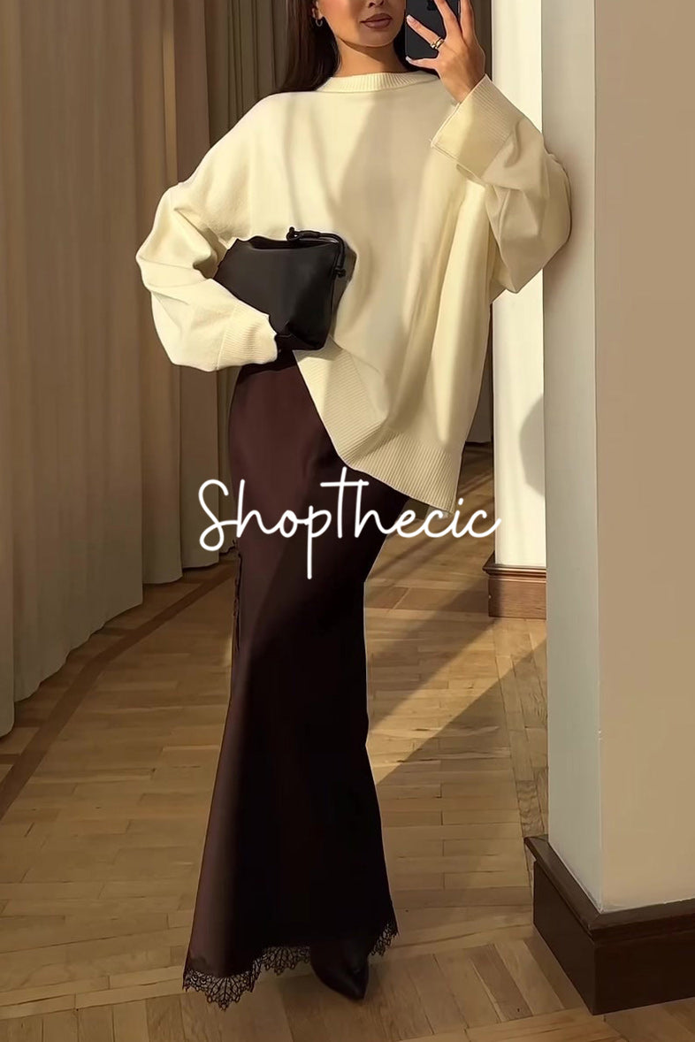 Coffee-colored satin side-slit lace-trimmed fishtail midi skirt