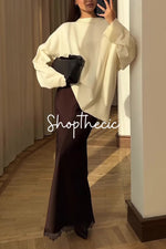 Coffee-colored satin side-slit lace-trimmed fishtail midi skirt