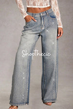 High-waisted front-rhinestone washed wide-leg Jeans