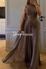 Grayish-purple pleated ribbon satin evening gown