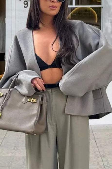 V-neck loose-fitting woolen kimono style top