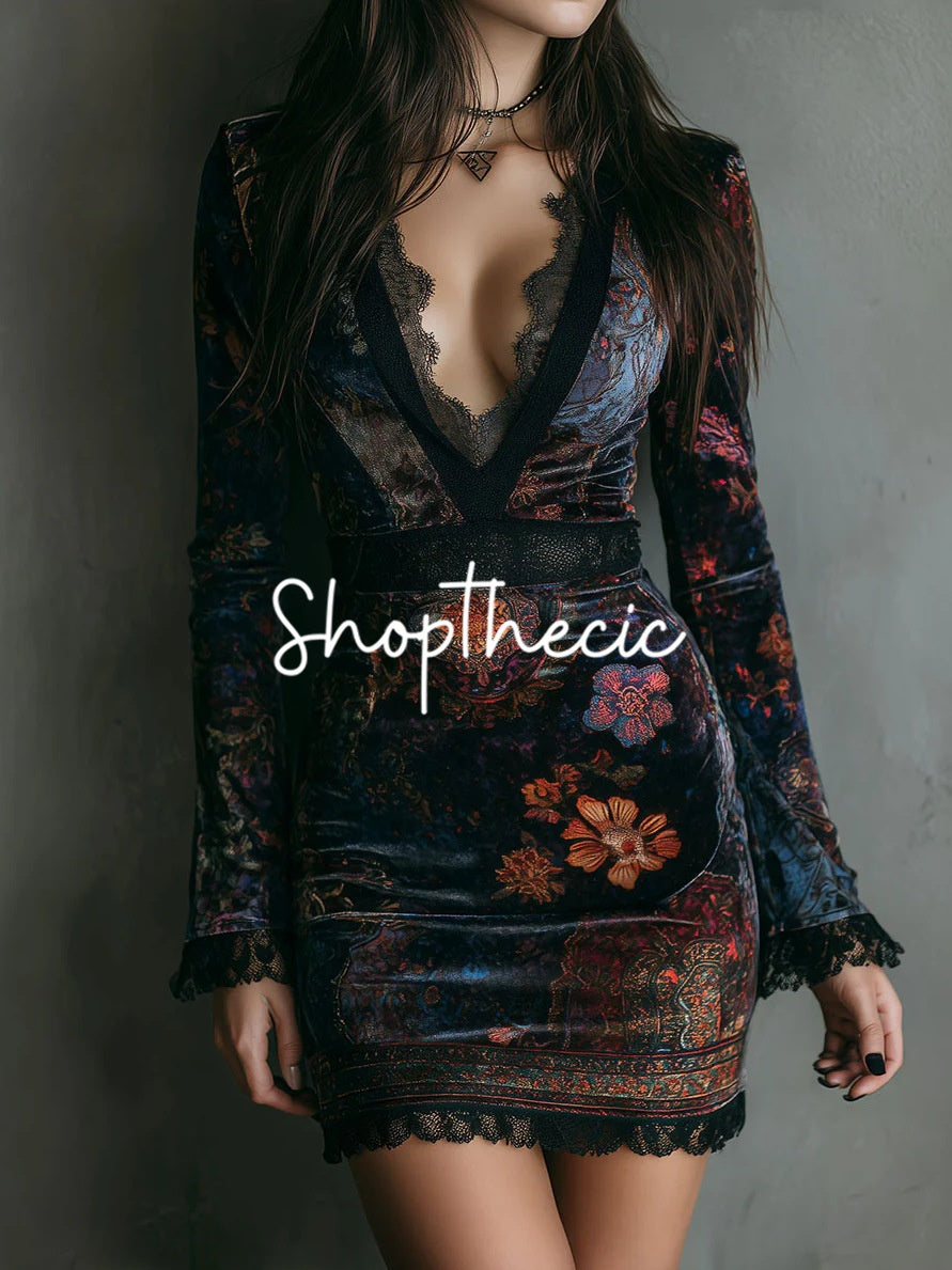 Retro V-neck lace-trimmed velvet print mini dress