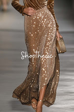 Dark brown V-neck velvet top and sequined midi skirt