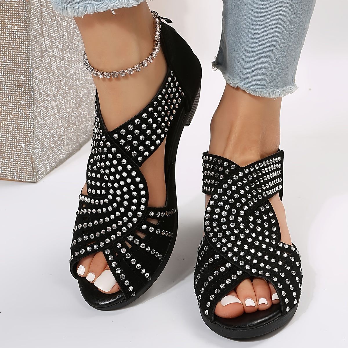 Peep Toe Back Zipper Chunky Talon Sandales Strass