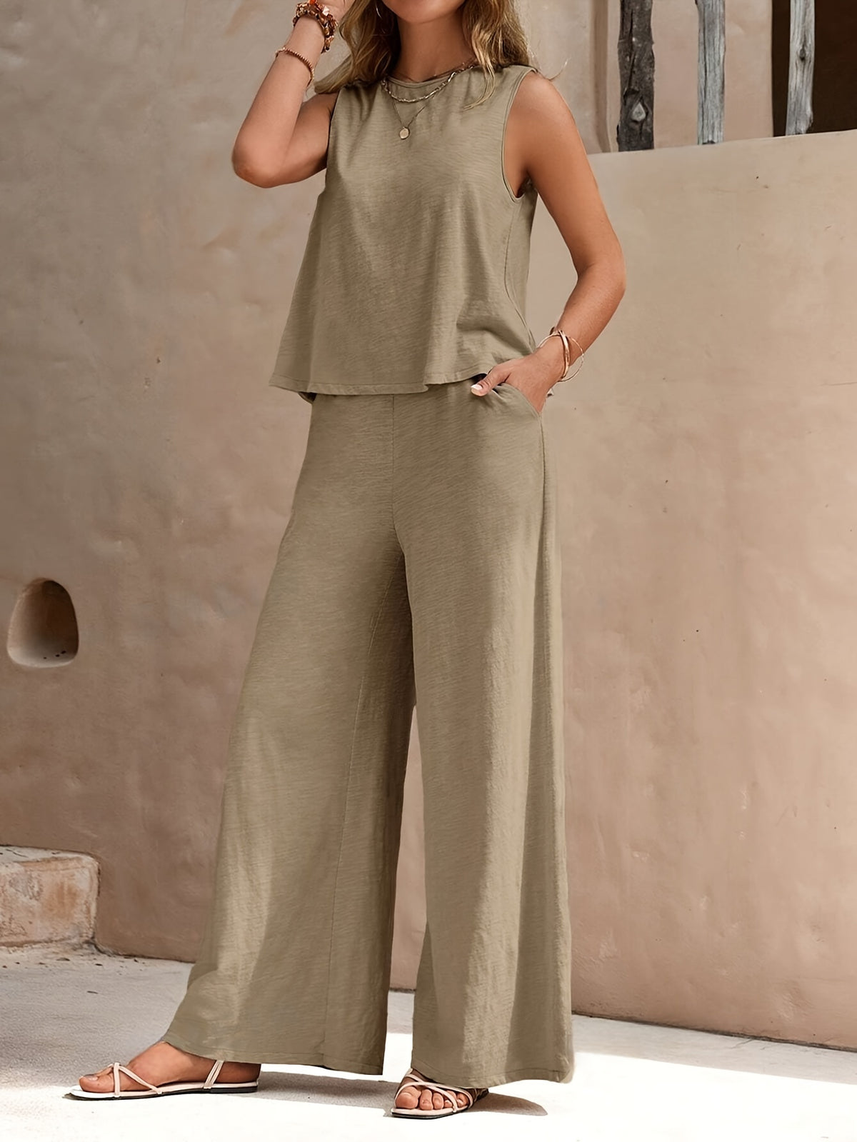 Outfits mit ärmellosem Tanktop und weiter Hose mit weitem Bein