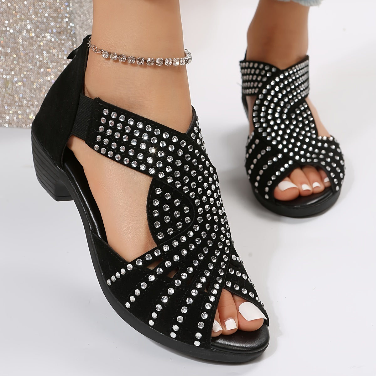 Peep Toe Back Zipper Chunky Talon Sandales Strass