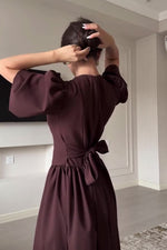 Brown round neck short-sleeved full skirt dress