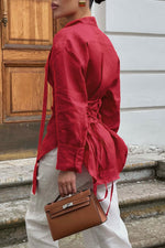 Tie-waist cotton linen blouse with ribbon