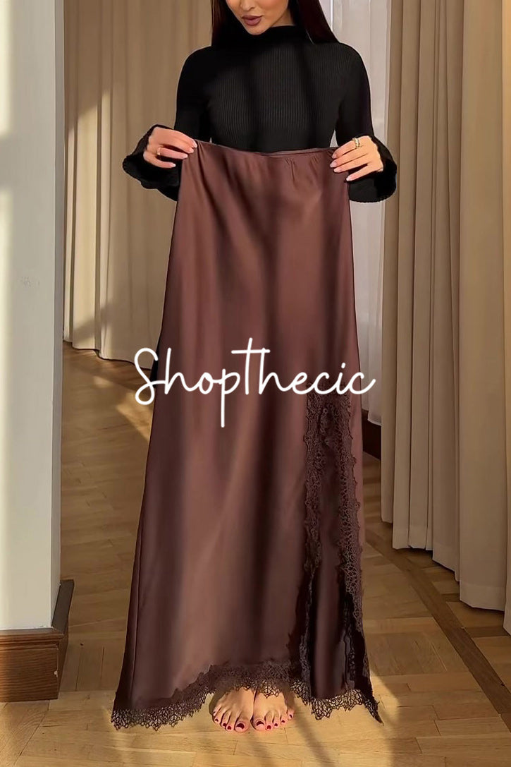 Coffee-colored satin side-slit lace-trimmed fishtail midi skirt