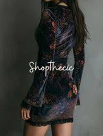 Retro V-neck lace-trimmed velvet print mini dress