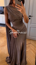 Grayish-purple pleated ribbon satin evening gown