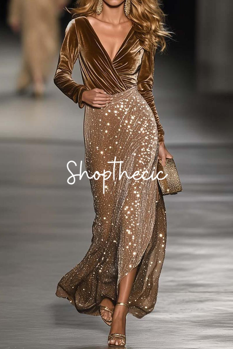 Dark brown V-neck velvet top and sequined midi skirt