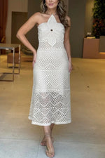 Oversized knitted flower halter neck backless fitted knitted dress