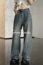 Sparkling rhinestone-embellished loose-fitting wide-leg jeans