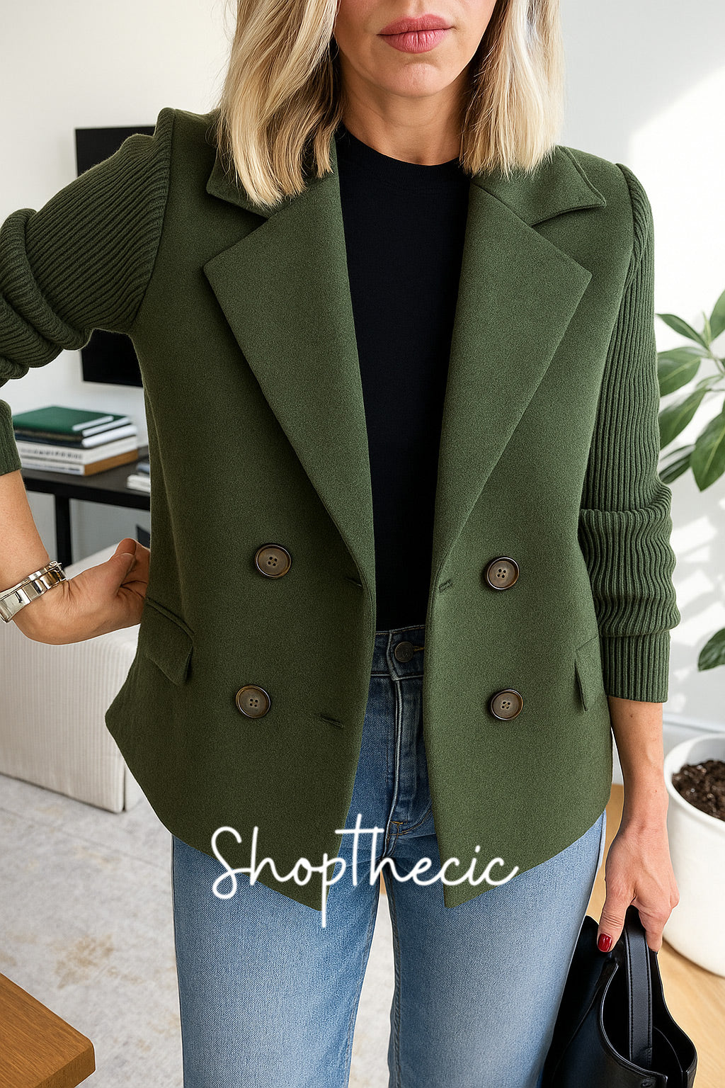 Knitted elastic sleeves patchwork woolen suit jacket
