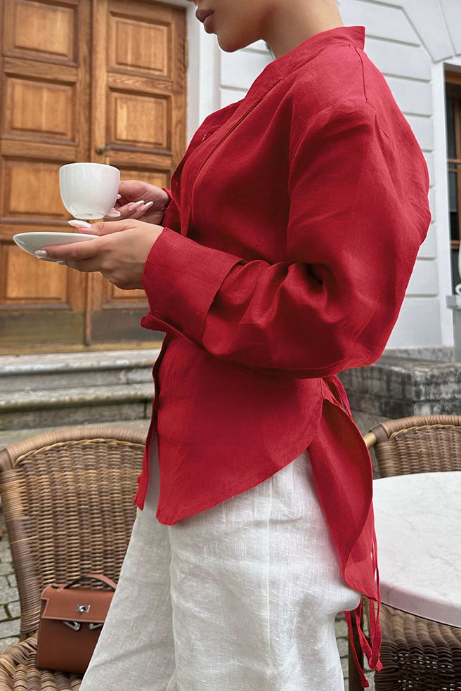 Tie-waist cotton linen blouse with ribbon